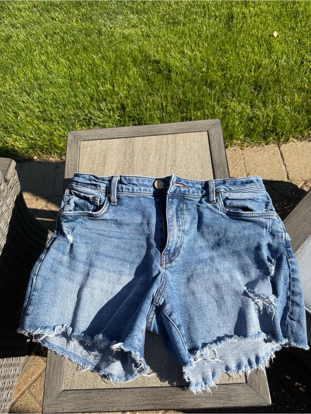 Kut from the Kloth Medium Blue Distressed Cutoff Denim Shorts JANE. Long short